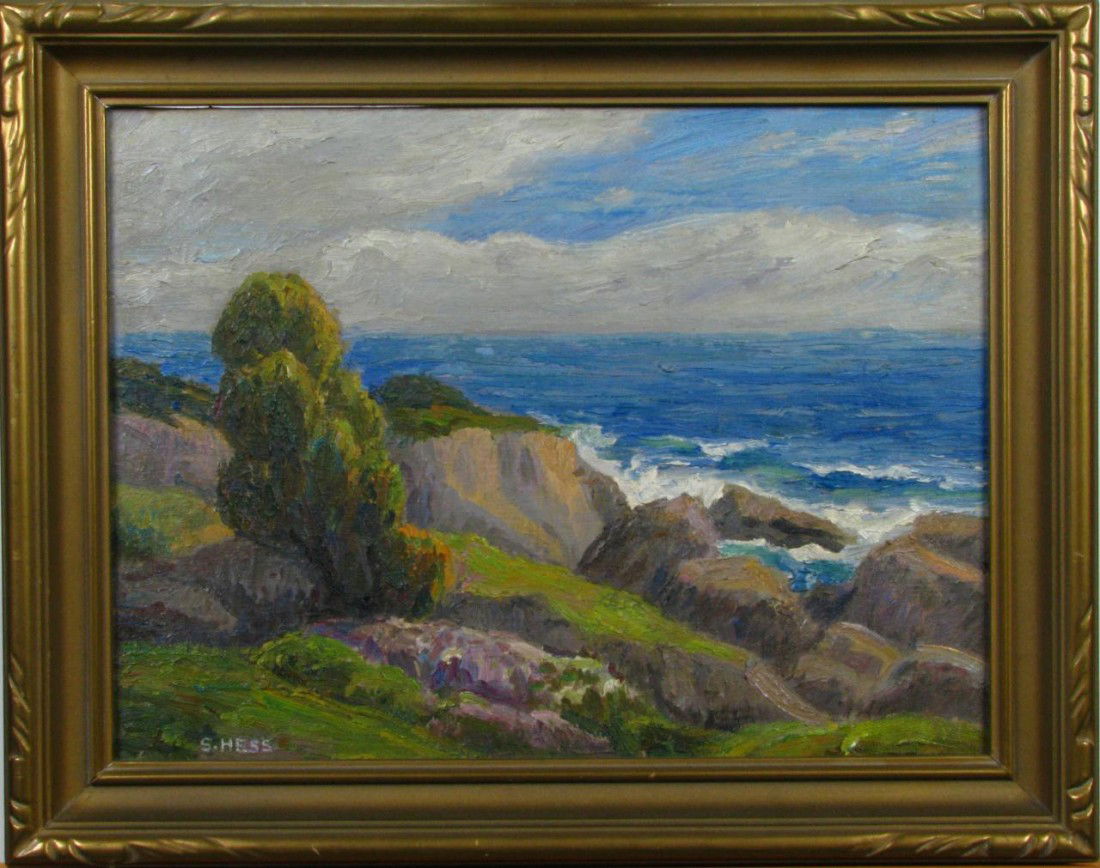 Sara Mae Hess 12x16 O/B Rocky Coast: Sara Mae Hess (CA/NY 1875 - 1960) 12 x 16 Oil on Board, Signed Lower Left, depicting a Rocky Coast,