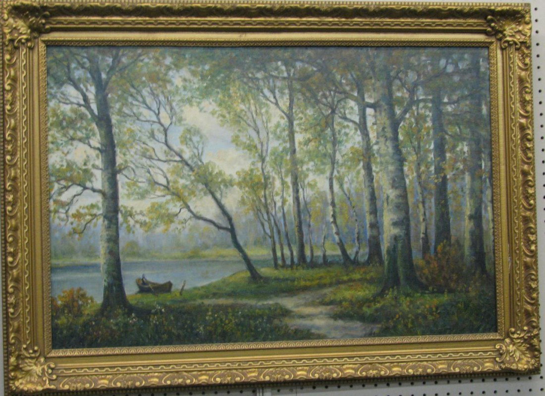 Unclearly Signed 24x36 O/C Figure in Canoe: Unclearly Signed 24 x 36 Oil on Canvas, Signed Lower Left, depicting a figure in a canoe