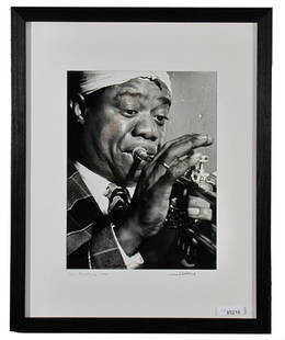 William Gottlieb Jazz Photo, Louis Armstrong: WILLIAM GOTTLIEB (1917-2006), Louis Armstrong. Gelatin silver print, the image measuring 13 x 10 inches, as framed: 21.5 x 17.5, with Gottlieb's signature and print date, in ink, on mat, and his signa