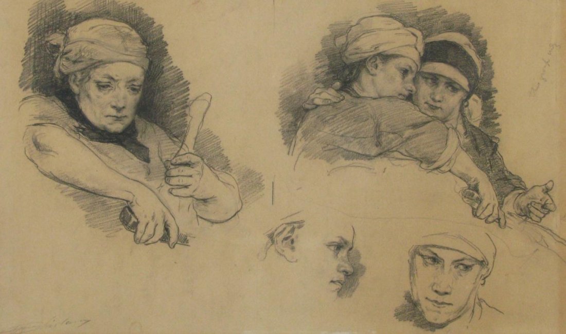 W. Shirlaw Graphite and Photo "Sheep Shearing": Walter Shirlaw (IL, 1838-1909), Graphite study and photo including a study for "Sheep Shearing in the Bavarian Highlands" 11.25 x 19 graphite on paper, signed lower left, (size as framed 18.0625 x 26.