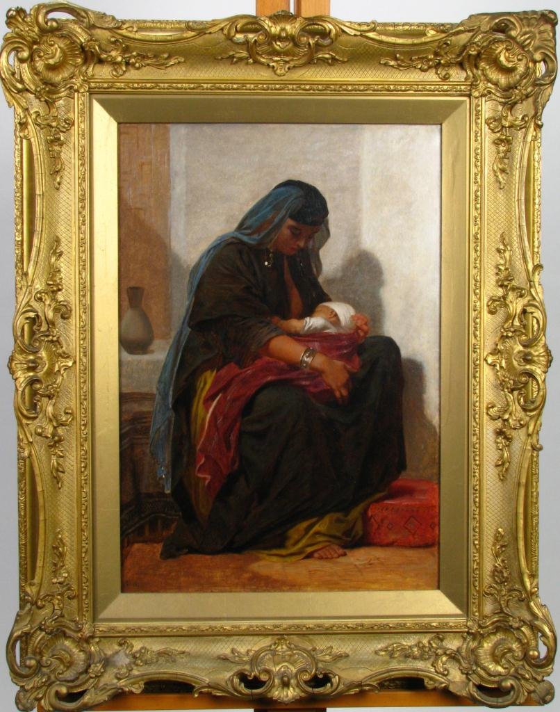 F. Goodall 22 x 16 O/C Middle Eastern Woman & Baby: Frederick Goodall (UK, 1822-1904), 22.5 x 15.75 oil on canvas, initialed lower left, dated 1870, portrait of middle eastern woman with infant, in ornate 32 x 25" frame, has been cleaned and lined. In-