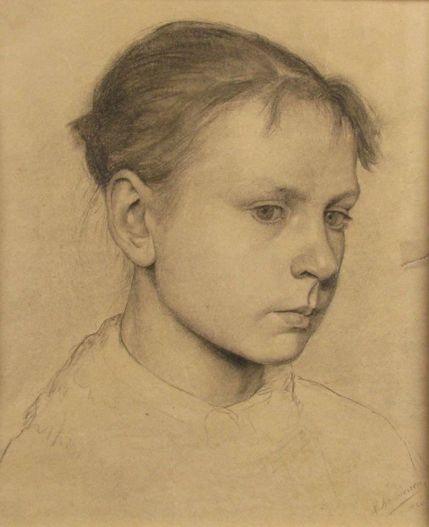 R. Andriessen Four Graphite Female Portraits: Richard Andriessen (Germany/US 1856-1910), Four charcoal female portraits, all signed and dated 1880 including: girl with hair ribbon; girl with fillet; girl with unbound hair; young girl. All unframe
