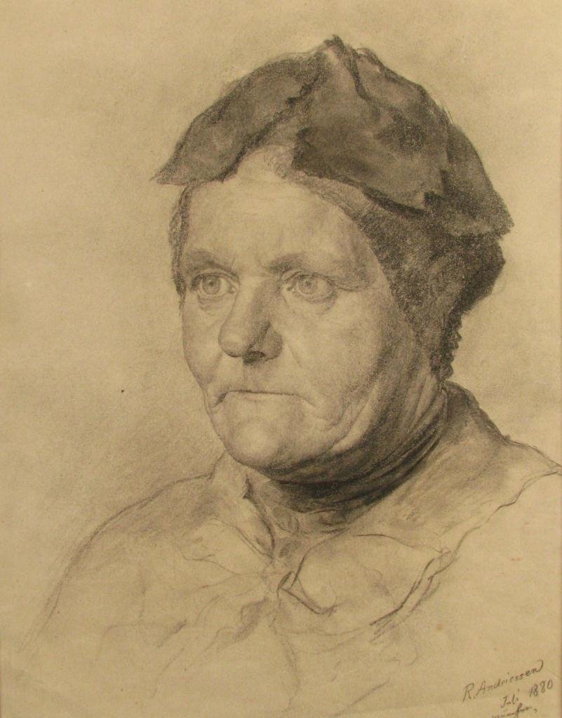 R. Andriessen Four Graphite Female Portraits: Richard Andriessen (Germany/US 1856-1910), Four graphite portraits including girl with locket; woman with earrings; older woman with scarf; Woman wearing cap; all signed, three dated 1880, all in 24 x