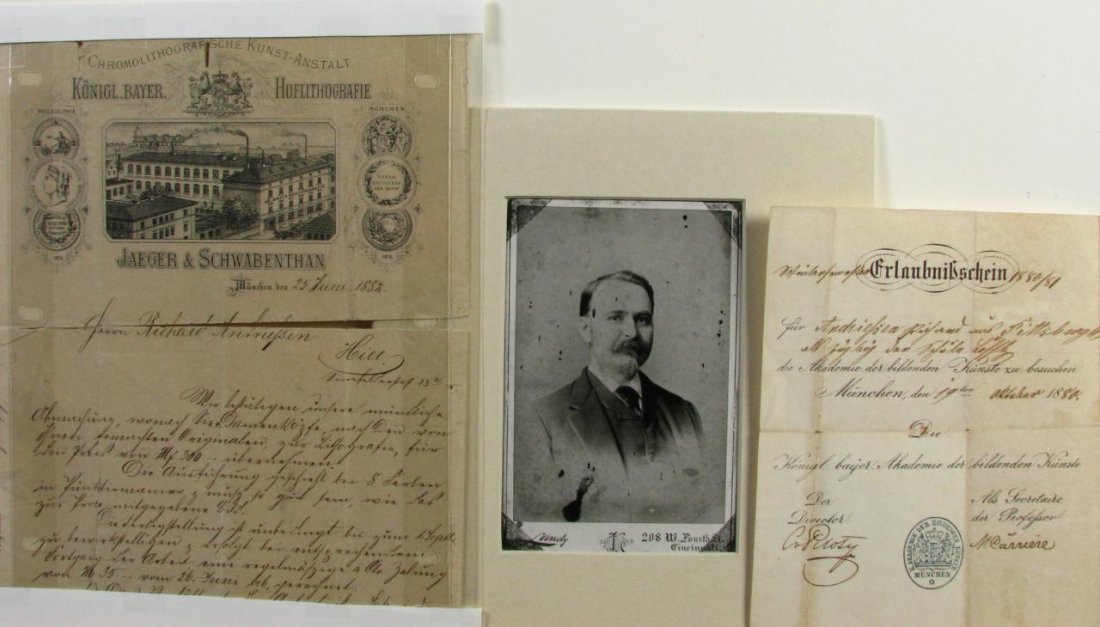 R. Andriessen's Personal Documents: Richard Andriessen (Germany/US 1856-1910) personal possessions including sketches, personal portrait photographs, rarely used sketch book, important documents such as marriage certificate, Royal Acade