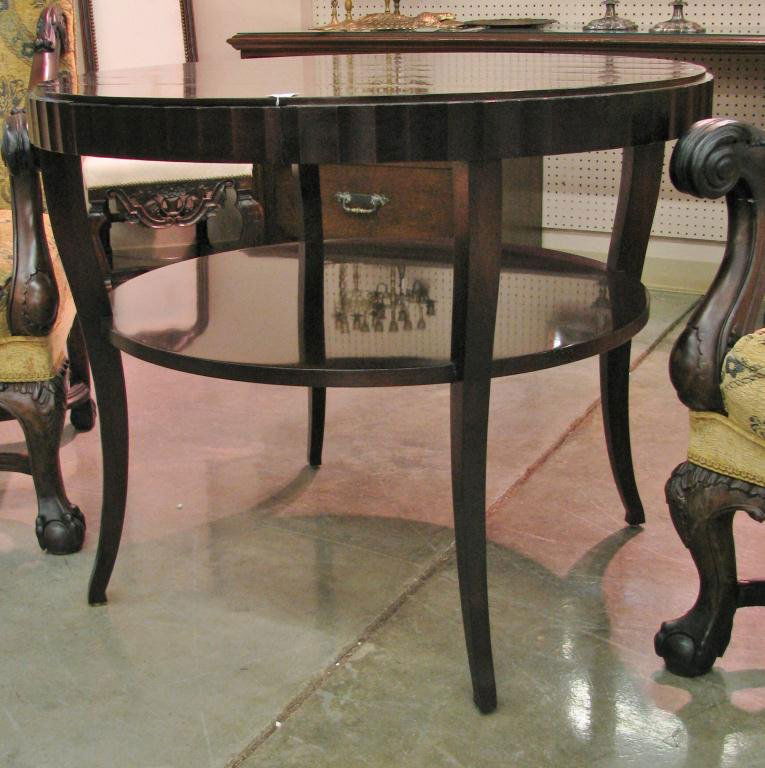 Barbara Barry by Baker Mahogany Foyer Table: Barbara Barry by Baker Furniture, Mahogany Foyer Table, with one drawer and mid-level shelf, 38" diameter, 30.5" high