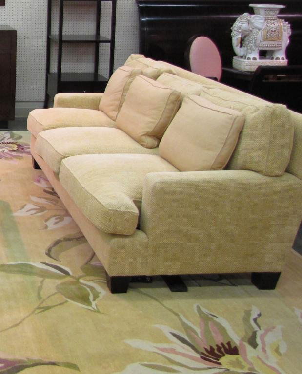 Barbara Barry by Baker Furniture Sofa: Barbara Barry by Baker Furniture Sofa, three-cushion with loose back cushions, 86" long, in butternut mini-waffle upholstery, java finish tapered block legs