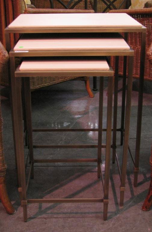 Set of Italian Nesting Tables: Set of Italian Nesting Tables, bronzed metal frames, with beige leather tops