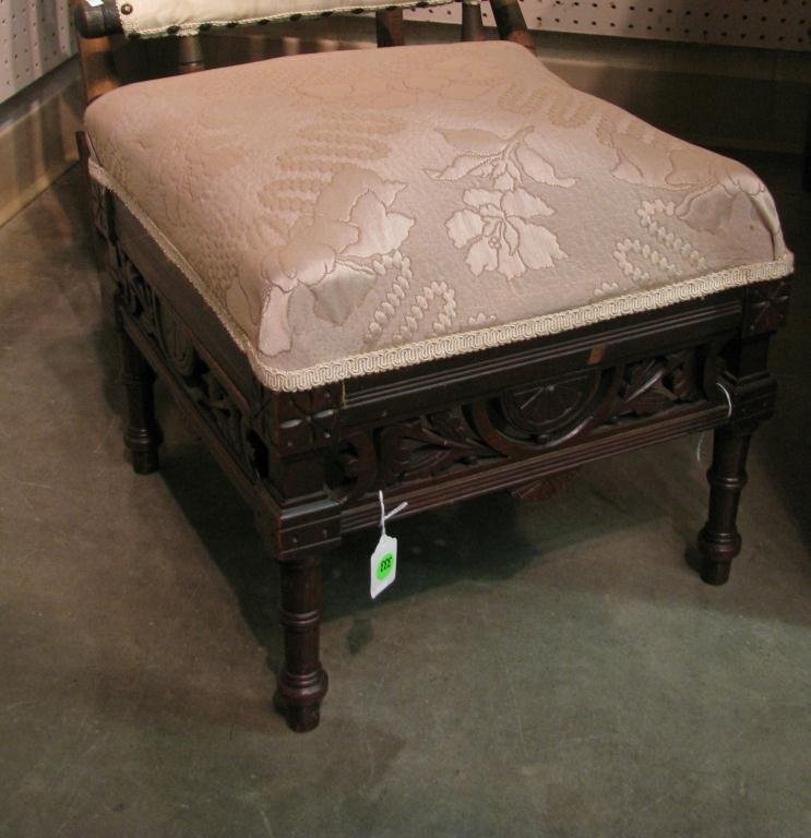 Walnut Victorian Aesthetic Movement Footstool: Walnut Aesthetic Movement footstool, circa last quarter 19th century, reticulated carvings, upholstered top, square, 16", and 14" high