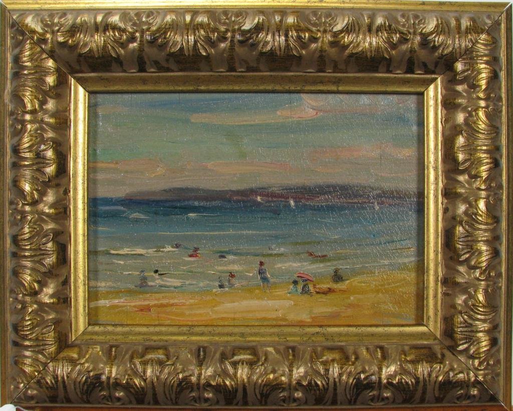VJ Cariani 5x7 O/B Day at the Beach: Varaldo Giuseppe Cariani (IN, 1891-1969) 5 x 7 oil on board, attribution verso, depicting a summer day with figures on the beach from Estate of Sally Kriner