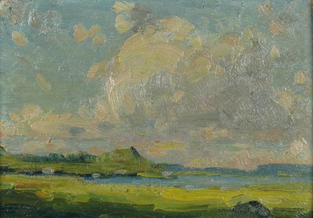 VJ Cariani 5x7 O/B Cloudy Skies: Varaldo Giuseppe Cariani (IN, 1891-1969) 5 x 7 oil on board, attribution verso, lake landscape with cloudy sky from Estate of Sally Kriner