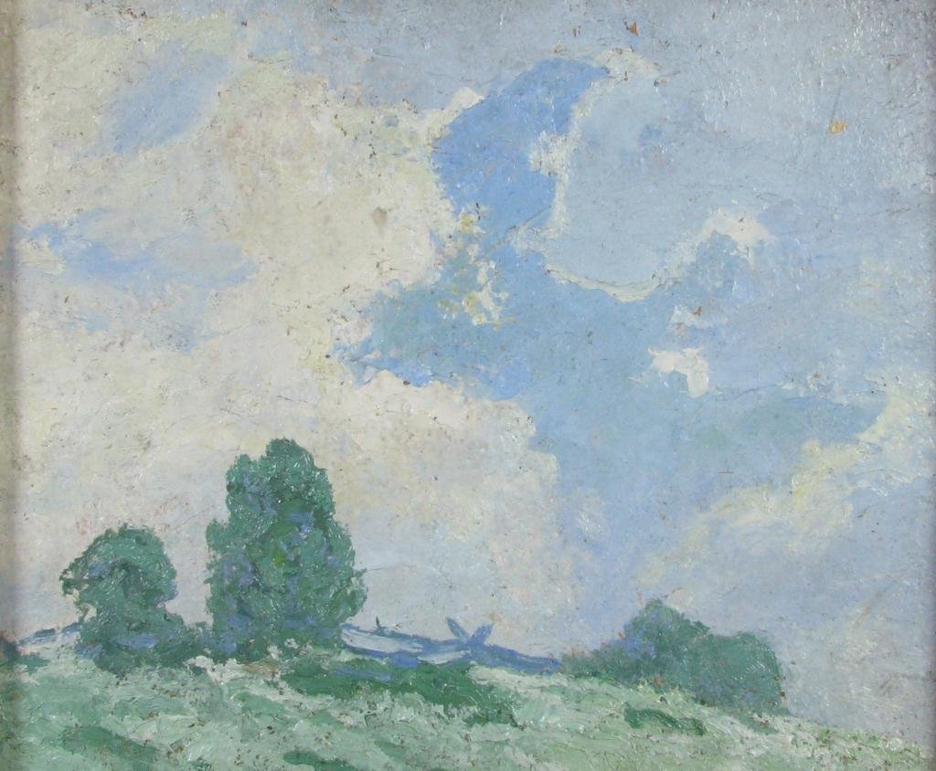VJ Cariani 6x7.5 O/B Split Rail Fence: Varaldo Giuseppe Cariani (IN, 1891-1969) 6 x 7.5 oil on board, attribution verso, landscape with split rail fence under cloudy sky from Estate of Sally Kriner