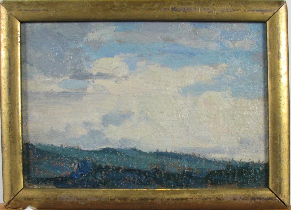 VJ Cariani 4x6 O/B Landscape and Sky: Varaldo Giuseppe Cariani (IN, 1891-1969) 4.5 x 6.25 oil on board, attribution verso, landscape with sky and clouds from Estate of Sally Kriner