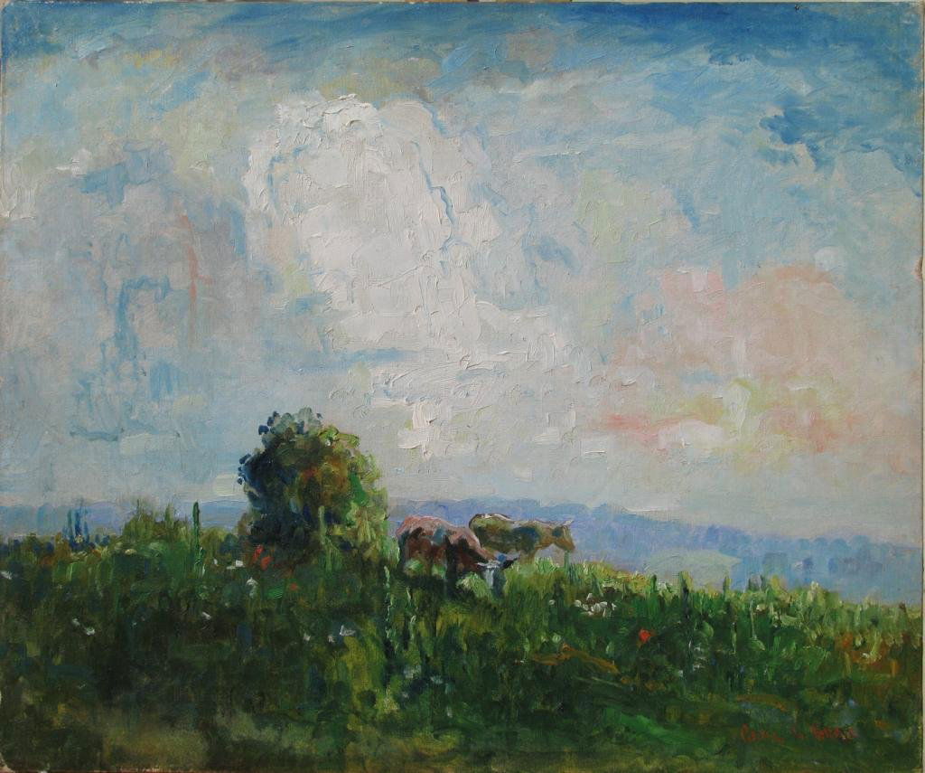 Carl C Graf 16x19 O/B Cows in Pasture: Carl Christopher Graf (IN, 1892-1947) 16 x 19 oil on board, signed lower right, depicting two grazing cows in pasture from Estate of Sally Kriner