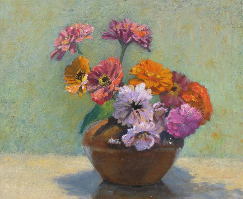 Carl C Graf 16x19 O/B Floral Still Life: Carl Christopher Graf (IN, 16 x 19 oil board, Brown County Art Guild authentication verso, signed by Margaret Colglazier, still life, flowers in vase