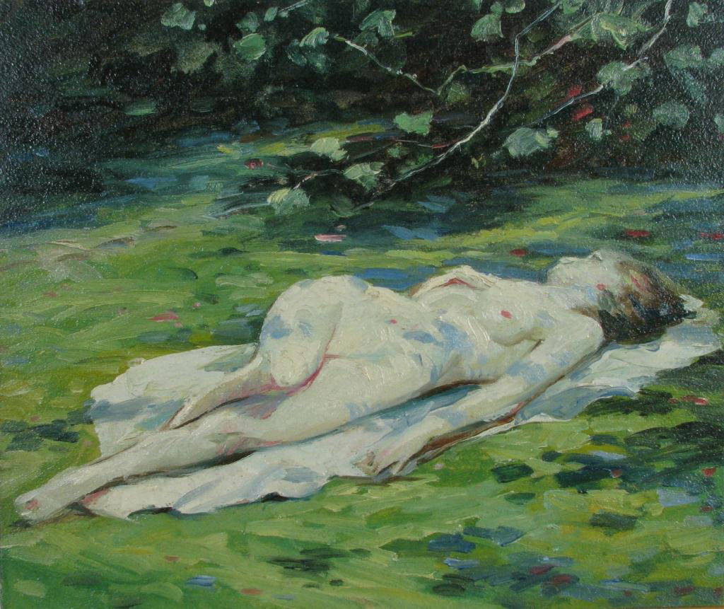 Carl C Graf 12x14 O/B Reclining Female Nude: Carl Christopher Graf (IN, 1892-1947) 12 x 13 7/8 oil board, unsigned, depicting a reclining female nude from Estate of Sally Kriner