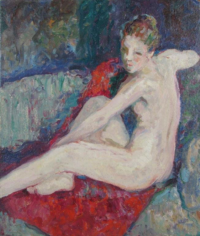Carl C Graf 14x12 O/B Seated Nude Female: Carl Christopher Graf (IN, 1892-1947) 14 x 12 oil on board, unsigned, seated nude female from the Sally Kriner estate