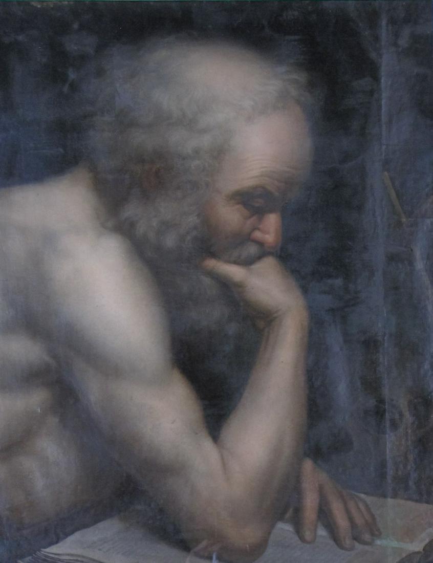 Unsigned 24x19 WC/Gouache St. Jerome: Unsigned 19th Century 24x19 , WC/Gouache , St. Jerome Likely German School. Size as framed 30.5" x 26". Double sided with reverse depicting nude male figure.