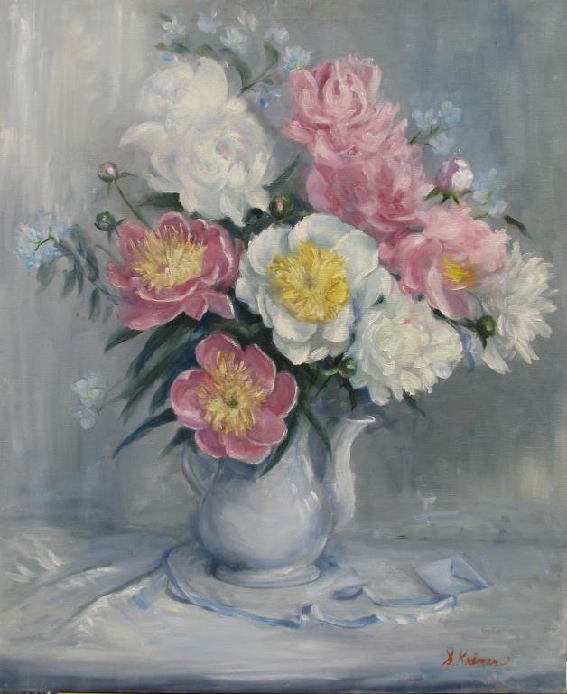 Sally Kriner 36x30 O/C "Regina's Peonies": Sally Brant Kriner (IN, 1911-2011) 36 x 30 oil on canvas, signed lower right, titled on artist's tag verso "Regina's Peonies", depicting pink and white peonies in white porcelain pitcher, unframed