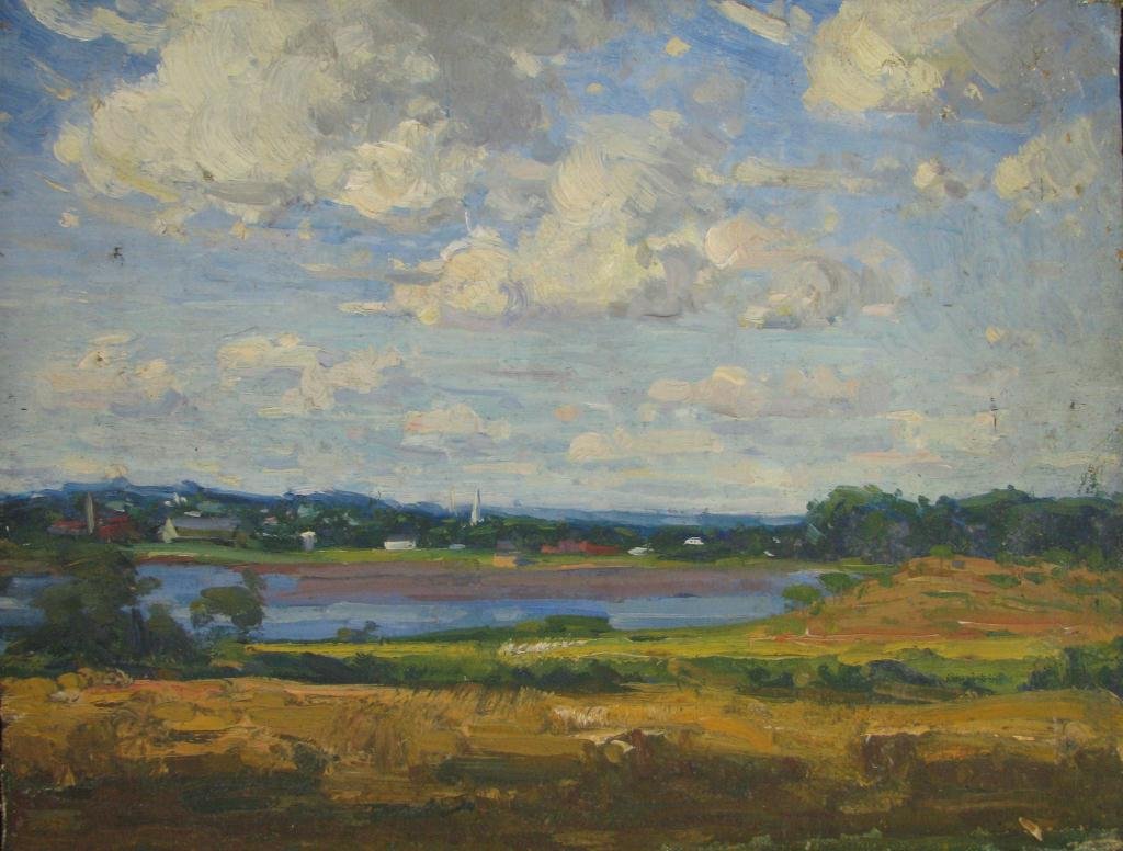 Attrib VJ Cariani 3 unframed oils, Lanscapes: Attributed to Varaldo Giuseppe Cariani (IN, 1891-1969) three unframed, unstretched, unsigned oil paintings on canvas, all approximately 12x16, depicting various landscapes :from estate of Sally Brant 