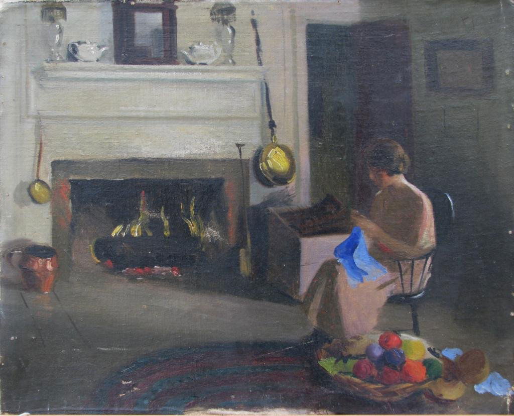 Attrib Marie Goth 15x19 O/B Woman by Fire: Attributed to Marie Goth (IN, 1887-1975) 15 x 18.875 oil on canvas on board, interior scene depicting woman knitting by a fire, unframed : from the estate of artist Sally Brant Kriner (IN,1911-2011)