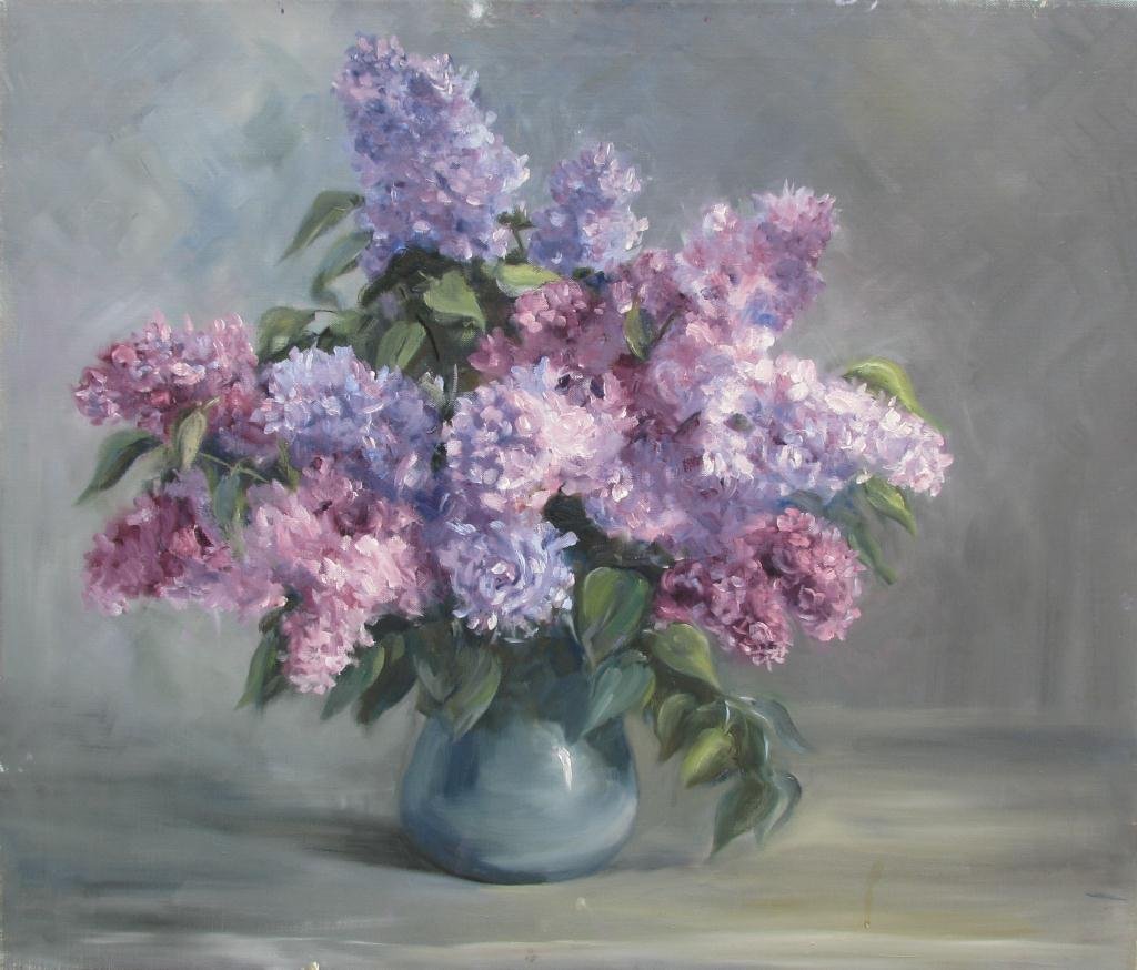 Sally Kriner 24x28 O/C "Lilacs in Blue Bowl": Sally Brant Kriner (IN, 1911-2011) 24 x 28 oil on canvas, unsigned, titled on artist's tag verso "Lilacs in Blue Bowl", unframed Exhibited at the Sally Kriner Memorial Retrospective at the Brown Count