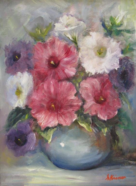 Sally Kriner 16x12 O/C "Petunias": Sally Brant Kriner (IN, 1911-2011) 16 x 12, oil on canvas, signed lower right, titled on artist tag verso "Petunias", flowers in vase
