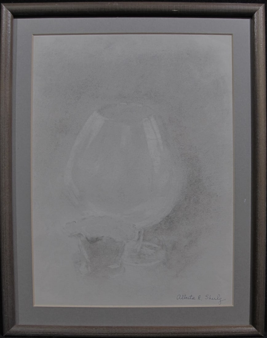 Alberta R Shulz 11.25x8.5 Graphite Glassware Study: Alberta R Shulz (IN, 1892-1980) 11.25x8.5 , Graphite , signed lower right , Glassware Study , Provenance: From the Estate of Doug Lawrence as framed; 14.5 x 11.25