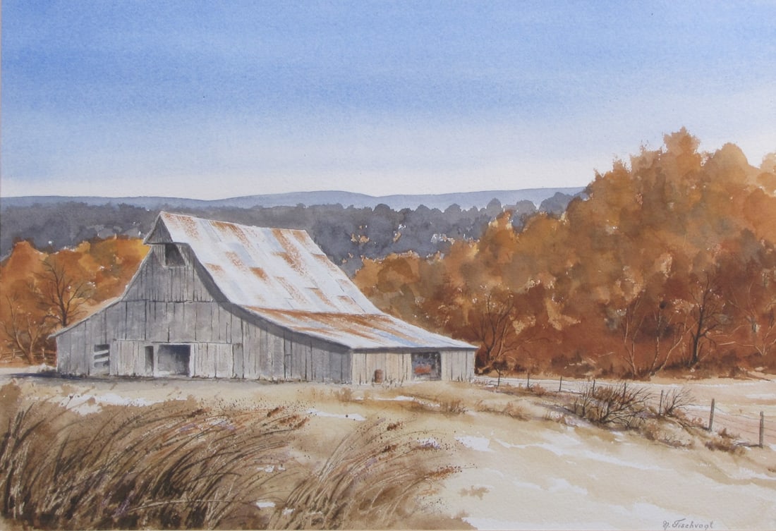Nancy Fischvogt 15x21 WC Autumn Barn: Nancy Fischvogt (IN) 15x21 , WC , signed lower right , Autumn Barn , Provenance: From the Estate of Doug Lawrence as framed: 21.5 x 28