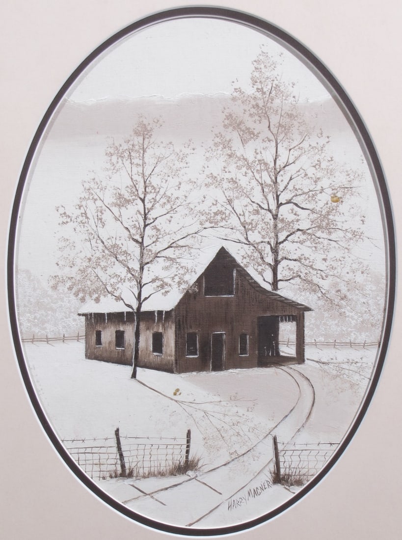 Harry Magner 15x11 Acrylic Barn in Winter: Harry Magner (IN) 15x11 , Acrylic , signed lower right , Barn in Winter , Provenance: From the Estate of Doug Lawrence as framed: 25 x 21