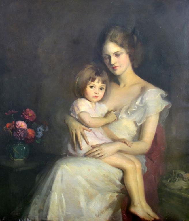Marie Goth 46x40 O/C Mother, Daughter Portrait: Marie Goth (IN, 1887-1975) 46 x 40 oil on canvas, signed lower right, depicting Indiana artist Helen M Woodward (IN, 1903-1981) holding her daughter, in approximately 1935 from estate of Marie Goth, t