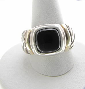 David Yurman Onyx Sterling, 14K Yellow Gold Ring: A nice David Yurman sterling silver cable ring, suitable to gentleman's collection, featuring an approximately 10mm x 10mm cabochon onyx, with 14K yellow gold accent on each side of mounting. Band mea