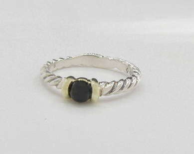 David Yurman Sterling/18K/Onyx Cable Ring: A sterling silver David Yurman cable ring featuring a 4mm onyx bead set in 18K yellow gold mounting. Size 7.5. Retail $300