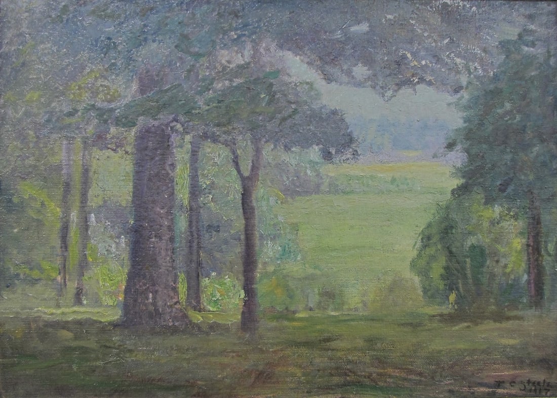 Theodore Clement Steele 20x28 O/C Through the Tree: Theodore Clement Steele (IN, 1847-1926) 20x28 , O/C , Signed lower right, 1907 , "Cloud Shadows , Depicting: Summer Landscape , Item 370 in TC Steele Estate Record of Selma Steele for Estate Distribut