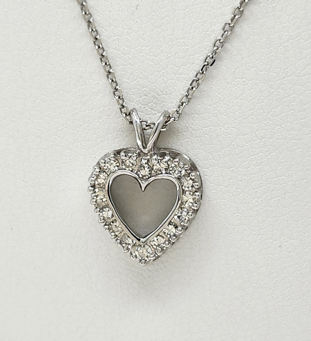 14K White Gold Open Heart Diamond Pendant, Chain (1 of 3)