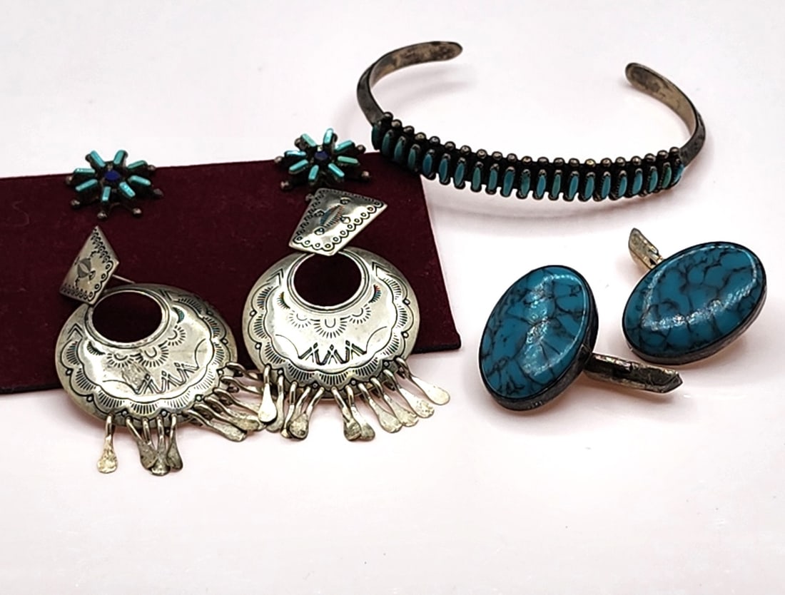 Group of Turquoise and Native American Jewelry: Group of jewelry, including pair of Plata Real (Mexico) turquoise cufflinks (presumed to be .925, not marked), pair of sterling earrings signed 'Q.T.' (Quoc Turquoise, Albuquerque) with post backs, an