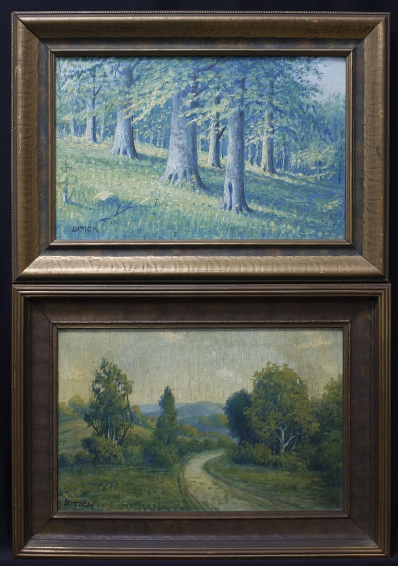 Carl Lotick (2) 9x14 O/B Landscapes: Carl Lotick (IN, 1878-1958) (2) 9x14 , O/B , both signed lower left , Landscapes, Provenance: Estate of Gary Rickettssizes as framed: 12.5 x 17.5 (each)
