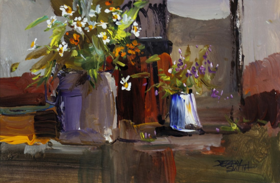 Jerry Smith 5.5x9 Oil Still Life, Floral: Jerry Smith (IN, b 1944, Active) 5.5x9 , Oil , signed lower right , Still Life, Floral , Depicting: flowers in vases, Provenance: Estate of Gary Rickettsas framed: 12.5 x 16