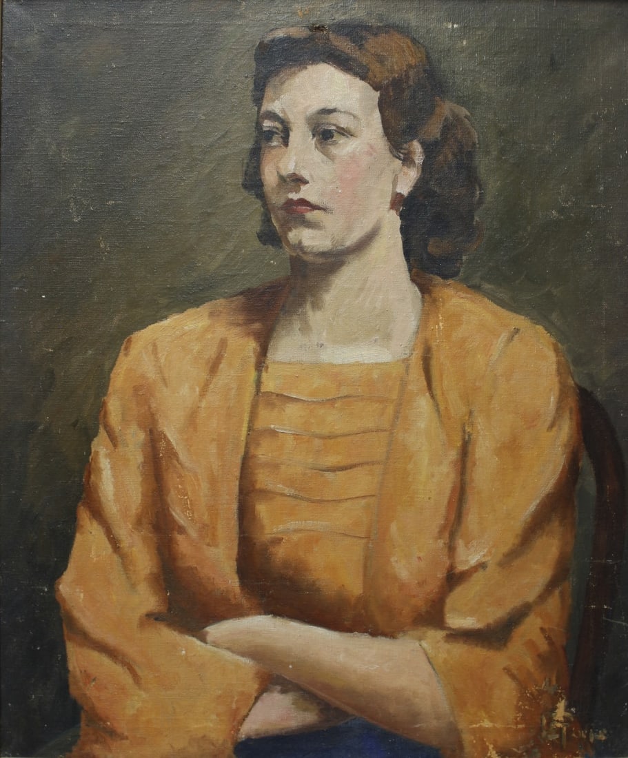 Unclearly Signed 30x25 O/C Woman in Orange (1 of 6)