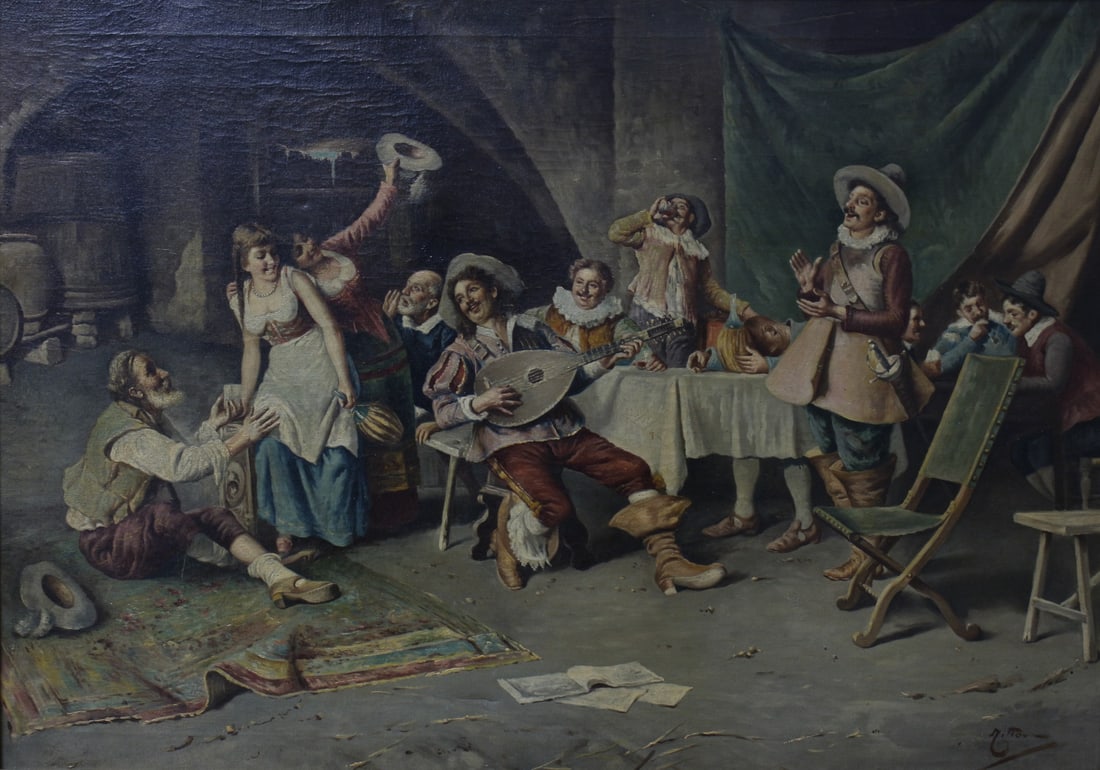 Unclearly Signed 25x35 O/C Interior Genre Painting (1 of 5)