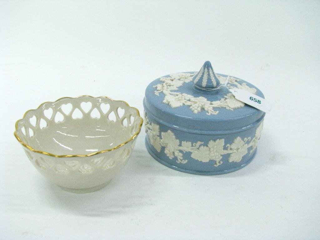 Lenox Bowl and Wedgwood Candy Dish: Lenox Bowl, 4.25" with embossed rose and reticulated heart design, and Wedgwood Lidded Candy Dish, 5" diameter, with grape and leaf motif decoration