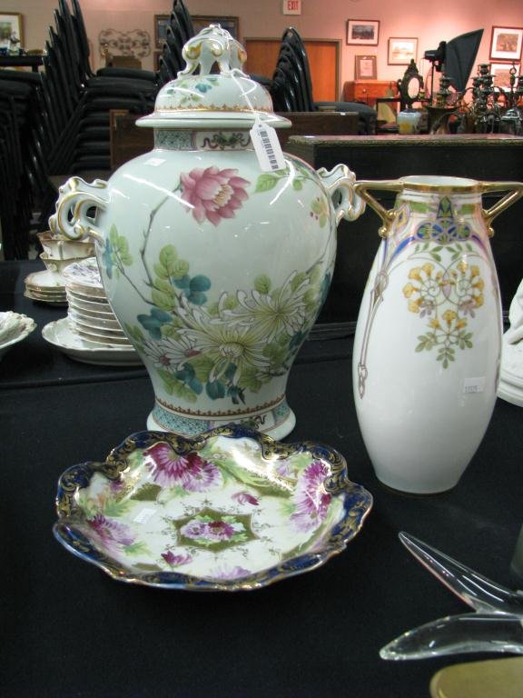 Group of Decorator, Vintage Porcelain: Group of three porcelain items, including 15" Haviland lidded ginger jar, Nippon 10" vase, Nippon cobalt shallow bowl, 9" diameter