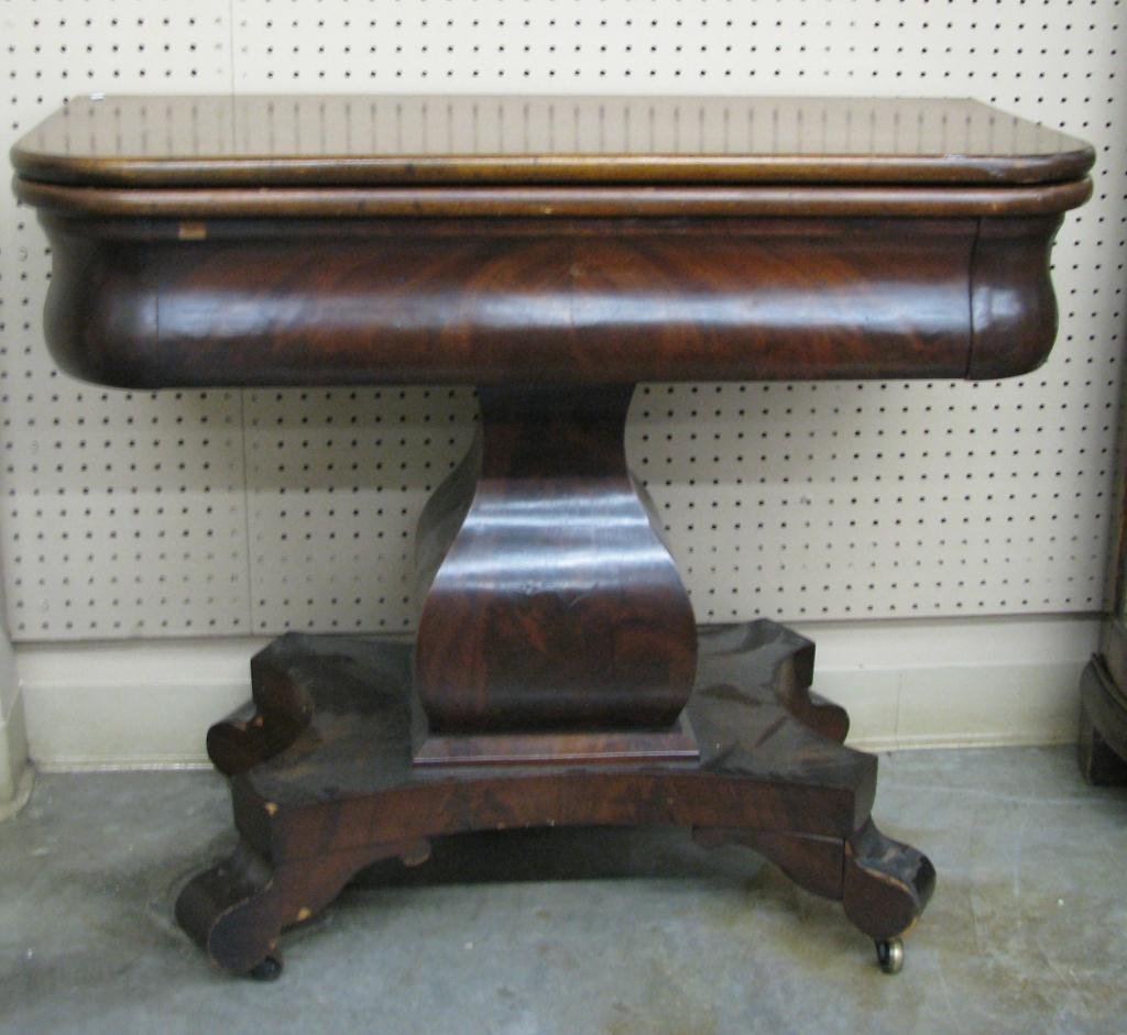 Antique Mahogany Game Table: Antique, Empire style game table, with folding swivel top, mahogany, ca 1850
