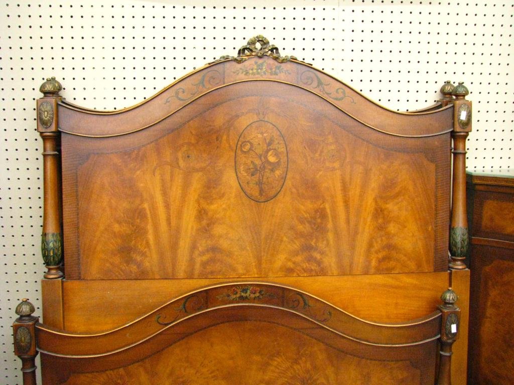 Art Nouveau Twin Bedroom Suite: Period Art Nouveau twin bedroom suite with decorative painted floral motif, crotch cut mahogany veneer, includes pair of beds, chest on chest, four drawer dresser, nightstand and vanity dresser with w