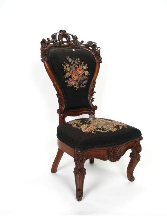 Carved Victorian Side Chair: Pierce-carved Victorian Side Chair with black needlepoint upholstery