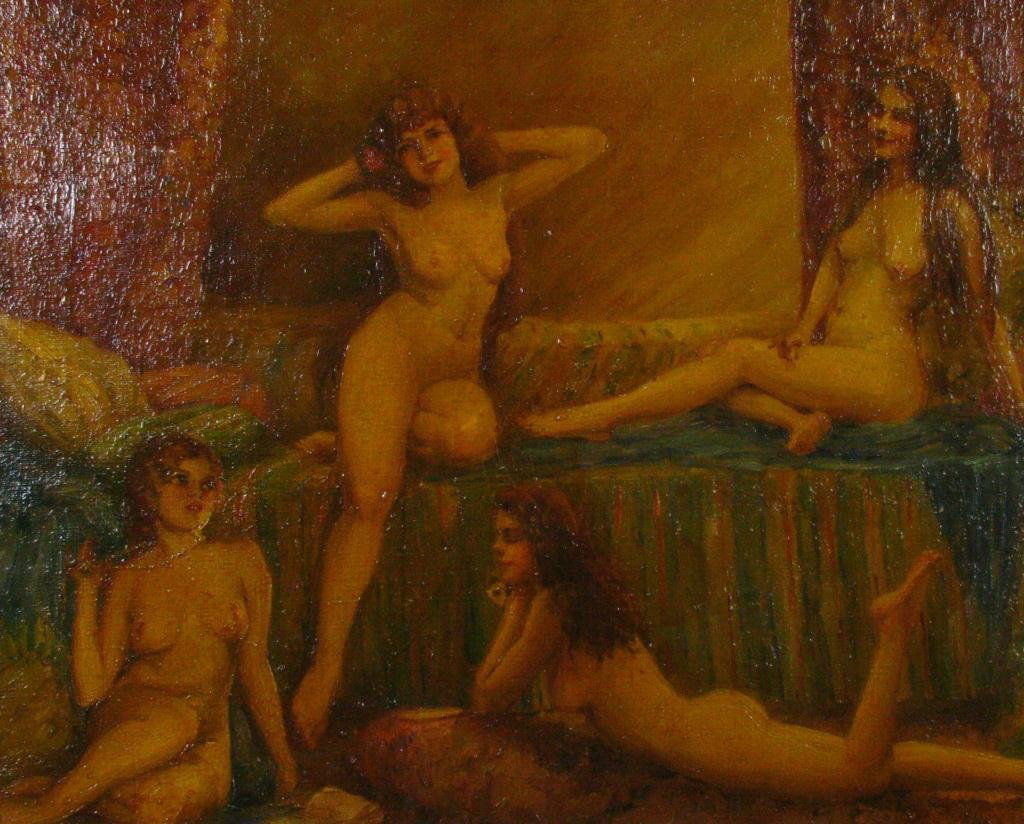 J. Tomanek 16x20 O/C Bath House Nudes: Joseph Tomanek (IN, 1889-1974), 16 x 20 oil on canvas, signed lower right, Bath House Nudes