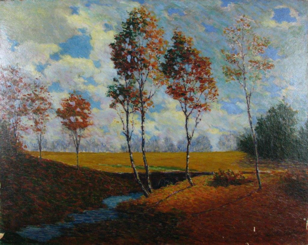 Harold Walker 24x30 O/B Autumn Landscape: Harold Walker (OH, 1890 - ), 23.75 x 30 oil on board, signed lower right, illegibly titled lower left, depicting autumn landscape with stream, unframed