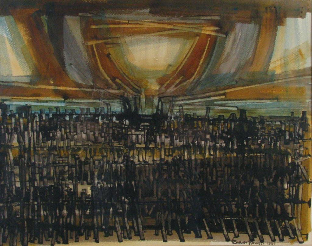 Rinaldo Paluzzi 19x25 Gouache 1961 Abstract: Rinaldo Paluzzi (American, b 1927) 19 x 25 mixed media, signed lower right 1961, abstract composition in earth tones