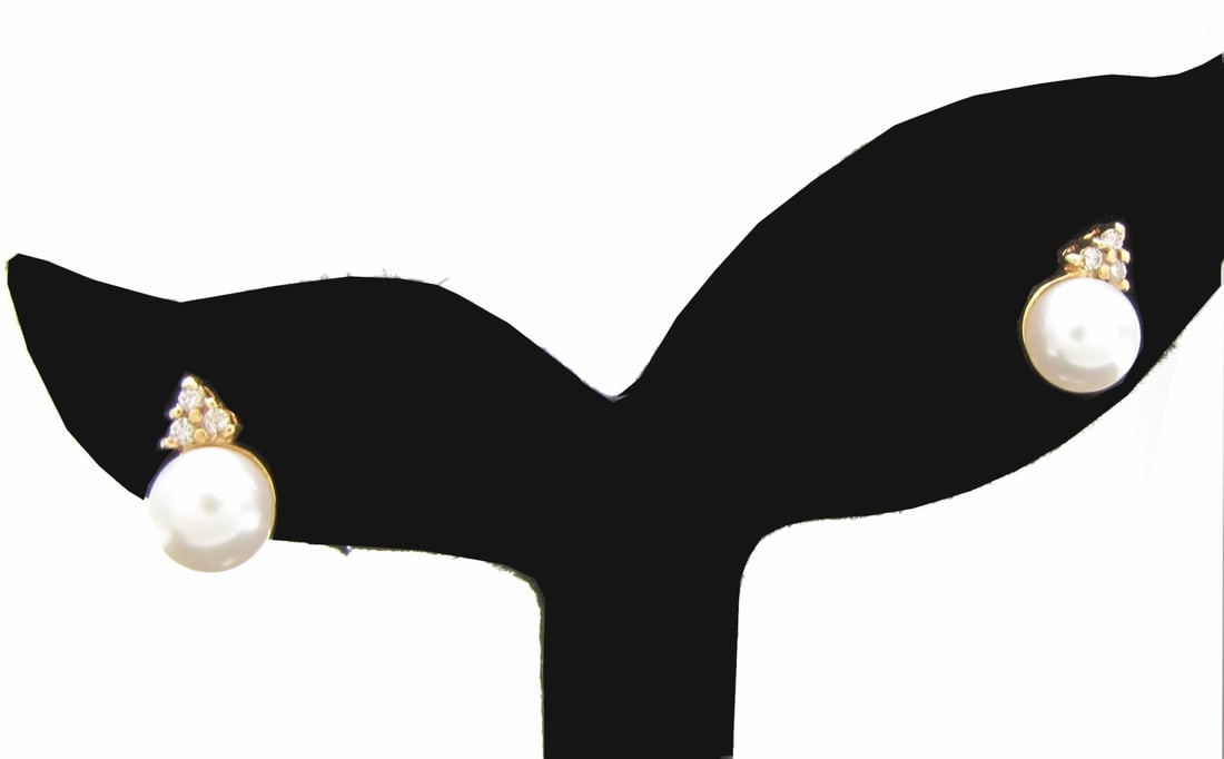 14K Yellow Gold Pearl, Diamond Stud Earrings (1 of 2)