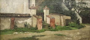 Theodore C Steele 12.5 x 27 O/C Munich Front Porch