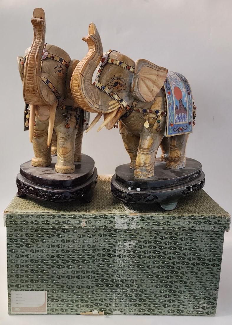 Pair of Wooden and Cloisonne Elephant Figures (1 of 20)